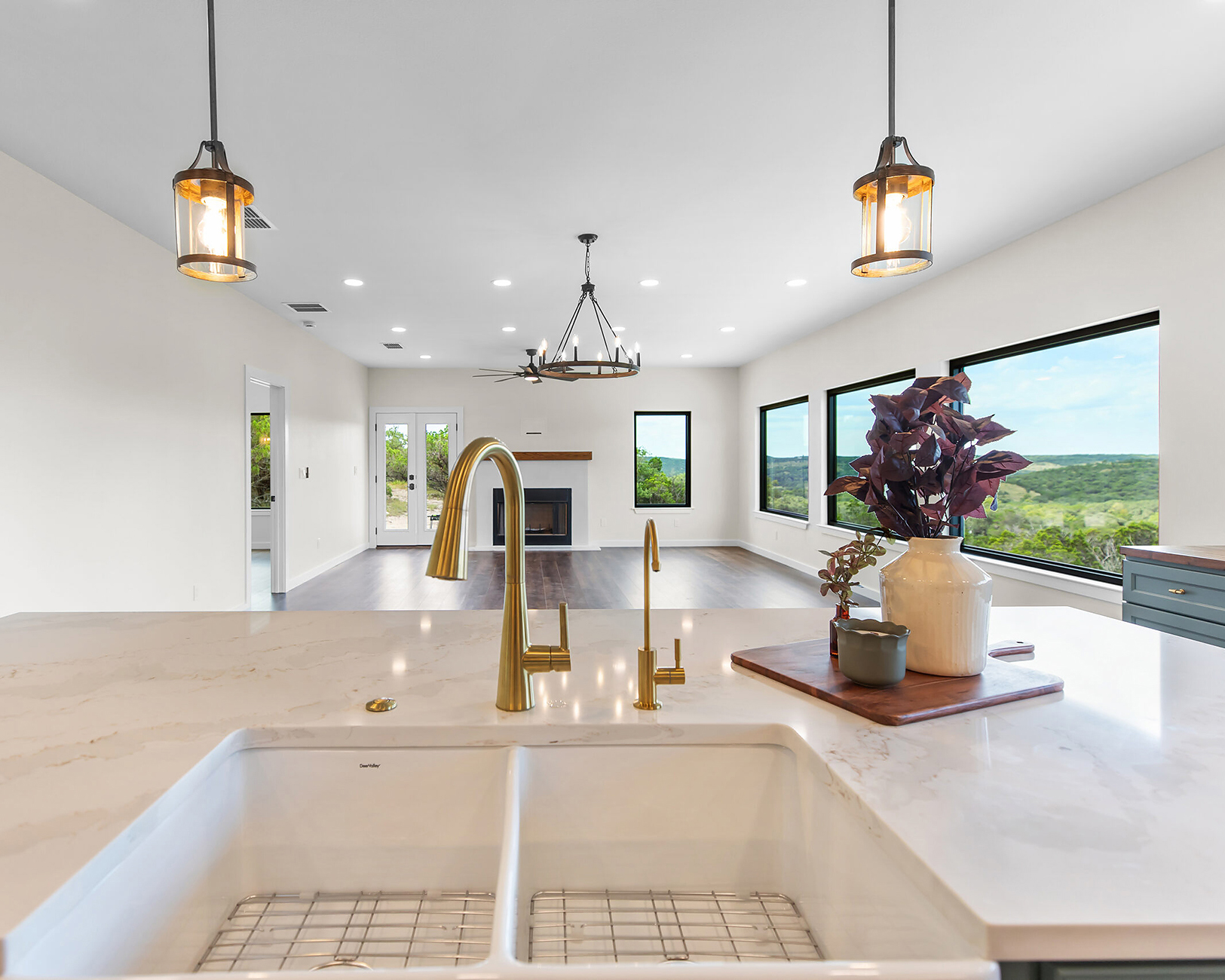 Bright recessed LED lighting installed in a remodeled kitchen ceiling